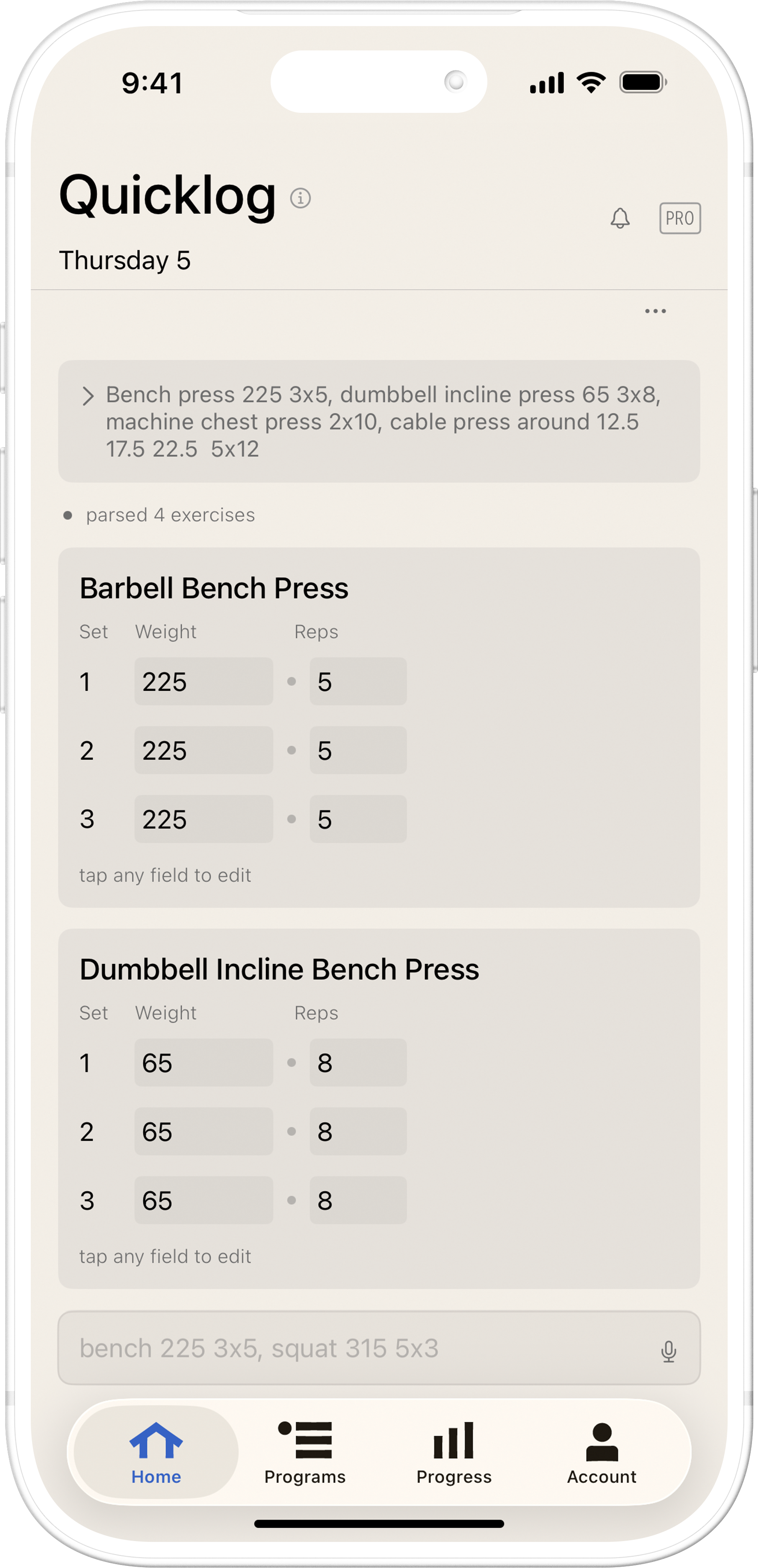 MINLOG Quicklog Screen